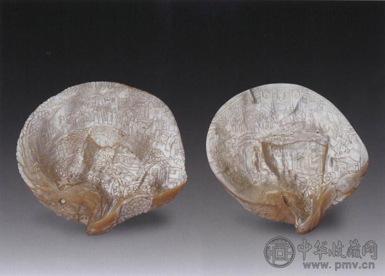 十九世纪 蚌壳雕人物图摆件(1对)
