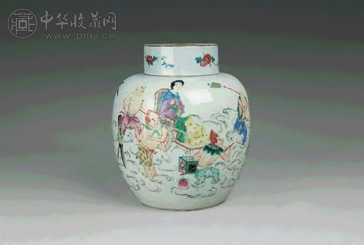 清道光 粉彩钟馗嫁妹盖罐