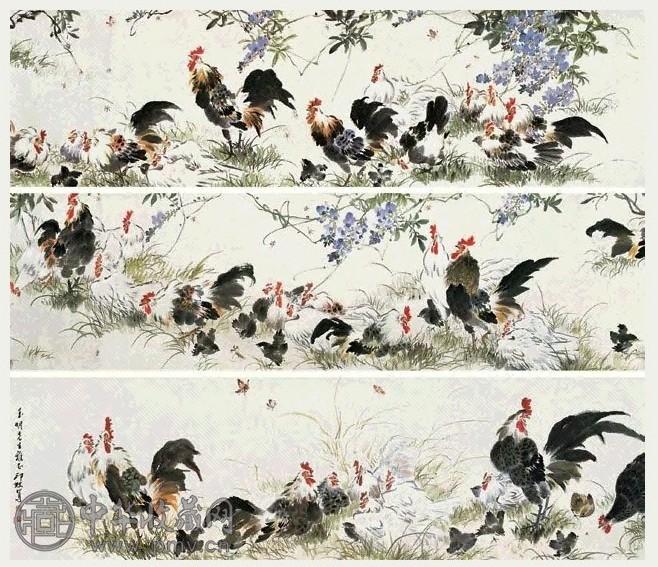 肖朗 百鸡图 卷 设色纸本