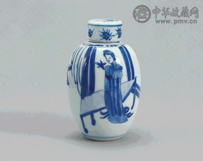 清康熙 青花庭院仕女图小罐