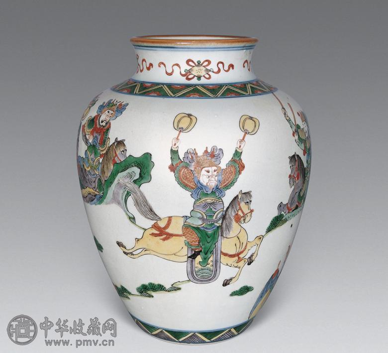 清 五彩刀马人物罐