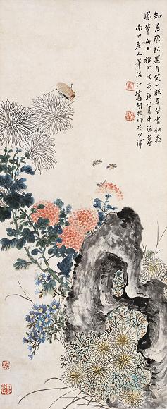 胡振 1938年作 花卉草虫图 立轴 设色纸本