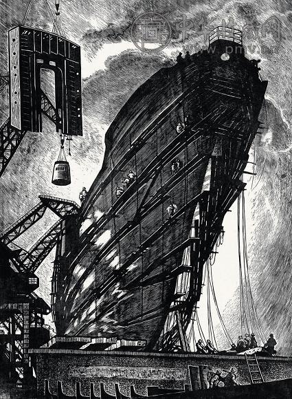 王琦 1975年作 朝霞映船台 纸本 木板版画