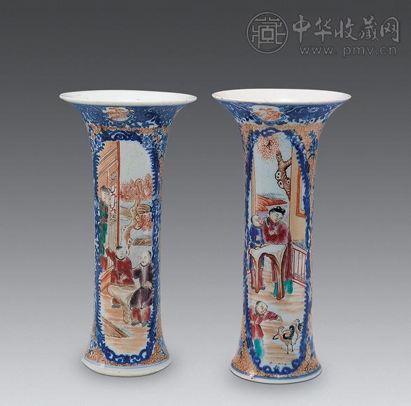 清中期 青花描金开光粉彩人物纹花觚(1对)