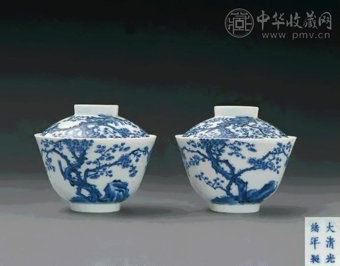 清光绪 青花过枝梅盖杯(1对)