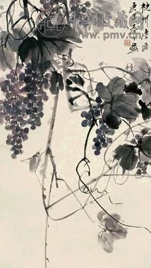 唐云 葡萄草虫 立轴 设色纸本