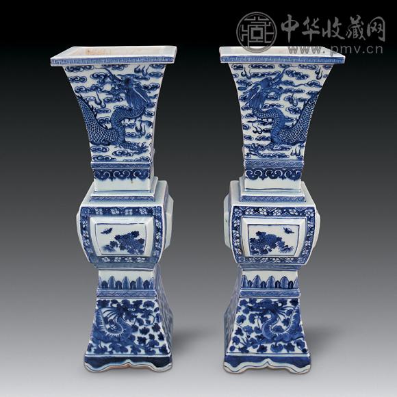 清道光 青花龙纹四方花觚(1对)