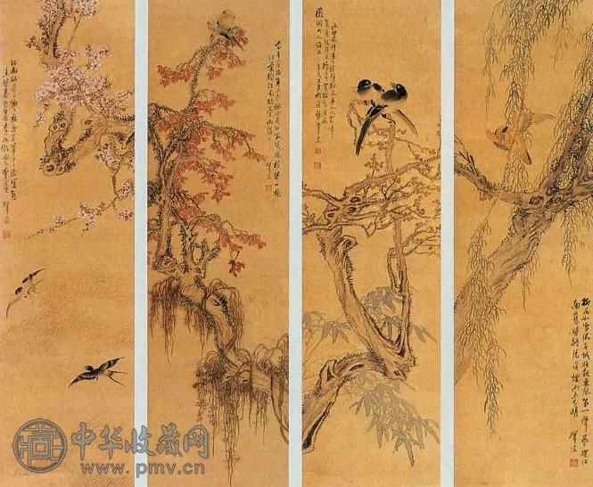 龚肇宗 花鸟 四屏 绢本设色