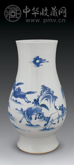 清初 青花柳荫八骏图琵琶尊