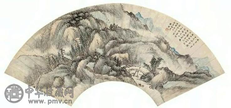 汤涤 1925年作 青山飞泉图 扇面 设色纸本