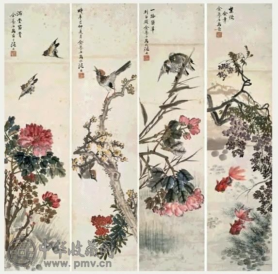 金梦石 花鸟 四屏 设色纸本