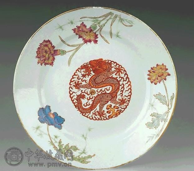 清光绪 粉彩龙纹花卉盘