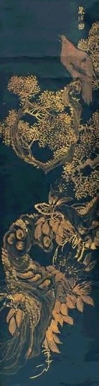 朱偁 磁青地花鸟 轴 朱偁 磁青地花鸟 轴