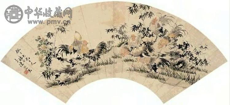 陈崇光 群鸡图 扇面 设色纸本