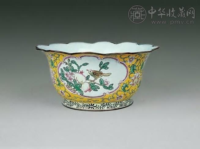 清 铜胎画珐琅花鸟花盆