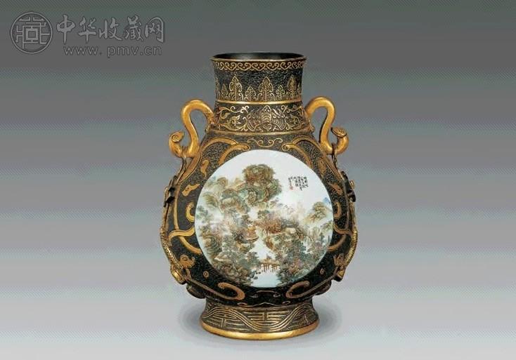 民国 古铜彩开光粉彩山水螭耳尊