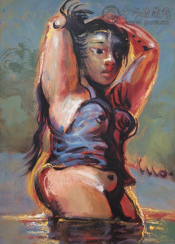 罗中立 过河少女 纸本 油画