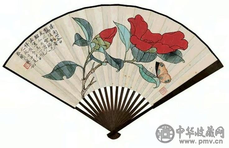 于非闇 戊子(1948年)作 山茶蝴蝶图 成扇 设色纸本