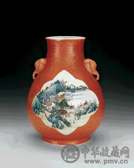 民国 珊瑚釉描金开光山水纹象耳尊