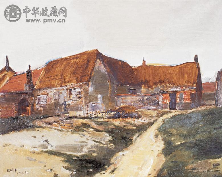 白羽平 渔村的茅草屋 布面 油画