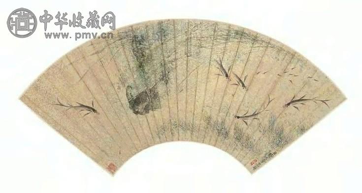 杨大章 水藻游鱼 扇面 设色纸本