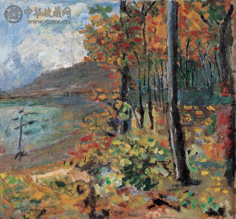 沙耆 东钱湖边秋色 布面 油画