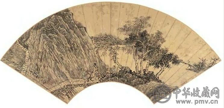 苏适 行旅图 扇面 设色金笺