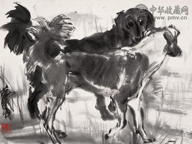 黄胄 双狗 镜心 纸本