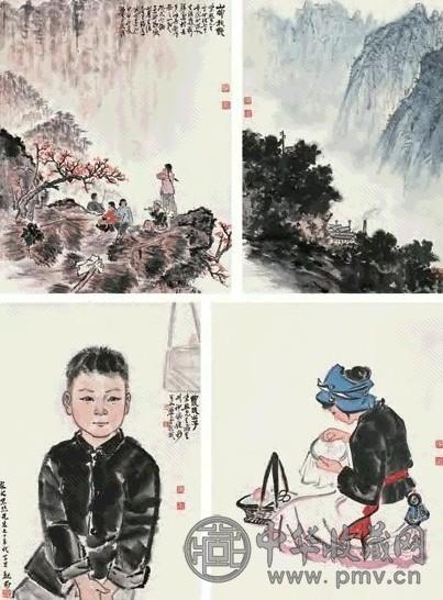 魏紫熙 山水人物册 册页(6开选4) 设色纸本