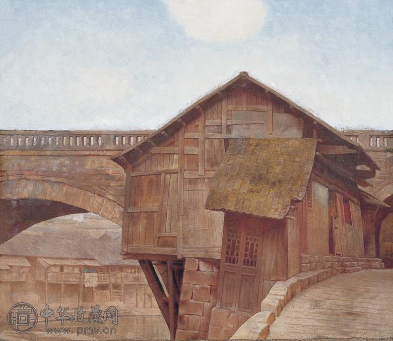 龙力游 桥头吊角楼 布面 油画