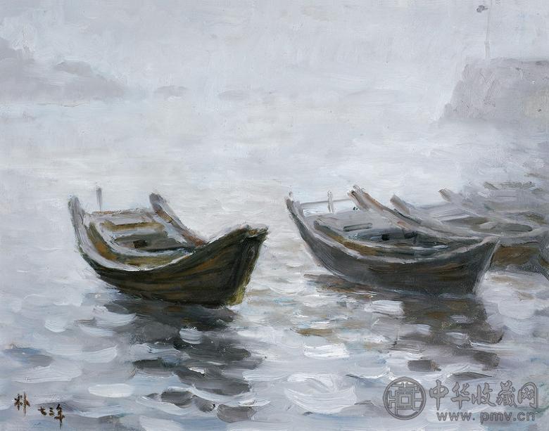 莫朴 1973年作 雾舟 纸板 油画