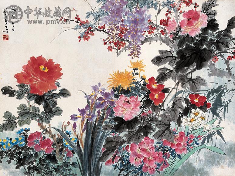 乔木 丙辰(1976年)作 百花争艳 镜心 设色纸本