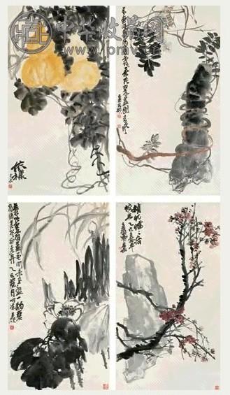吴昌硕 1905年作 花果 四屏 设色纸本