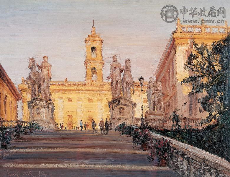 陆琦 夕照中的罗马古建筑 布面 油画