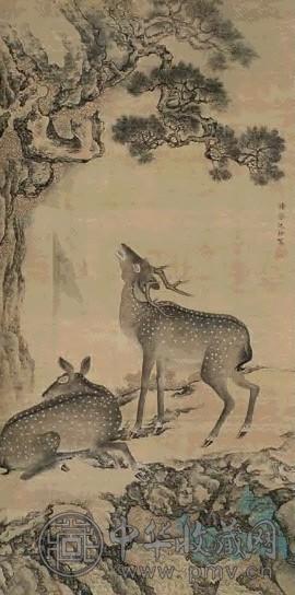 沈铨(款) 双鹿 立轴 设色绢本
