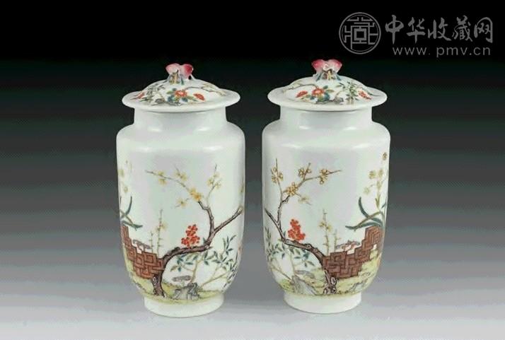 民国 粉彩花卉盖罐(1对)
