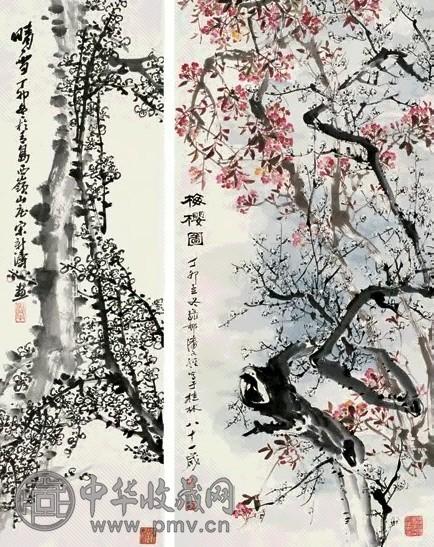 宋新涛 潘文经 1987年作 晴雪 梅樱图 立轴 水墨、设色纸本