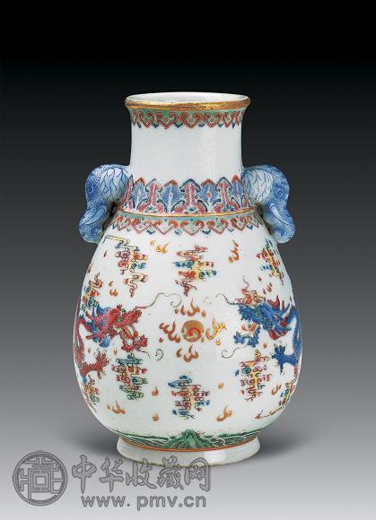 民国 彩二龙戏珠纹象耳尊