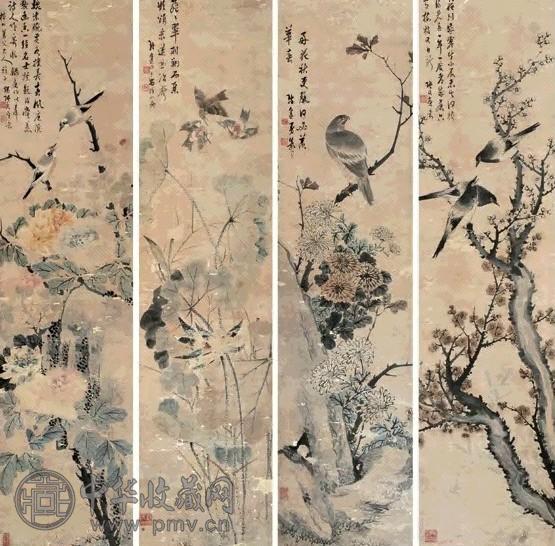 张溶 花鸟 四屏 设色纸本