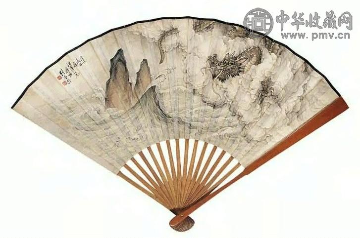 刘奎龄 云龙出海图 行书 扇面 十六档 设色纸本