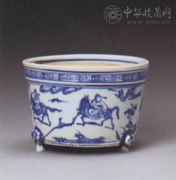 明弘治 青花高士游春图三足炉