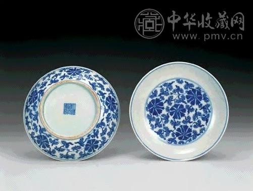 清道光 青花缠枝花卉纹盘(1对)
