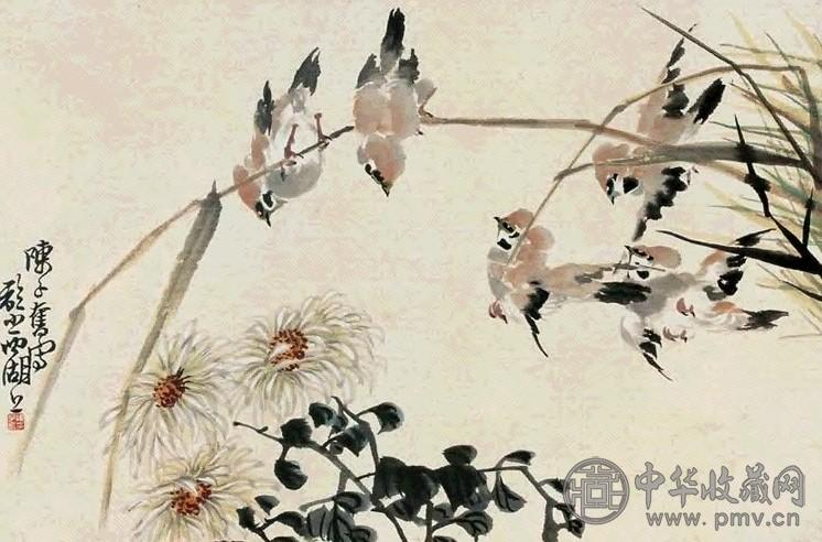 陈子奋 秋郊飞雀 立轴 设色纸本