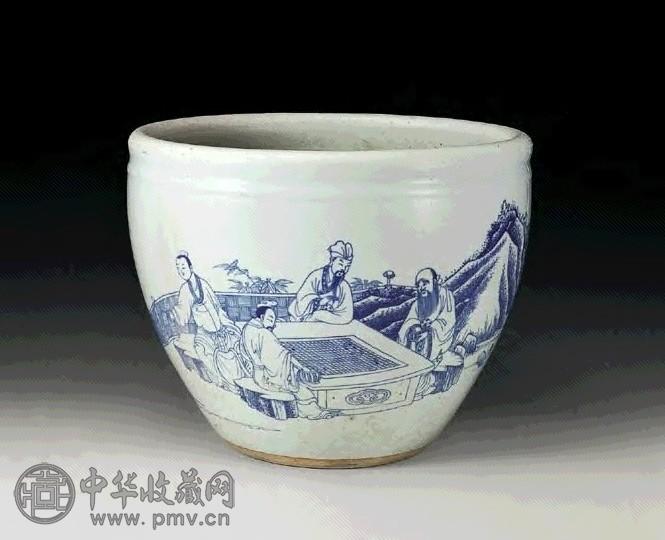 清雍正 青花淡描对弈图缸