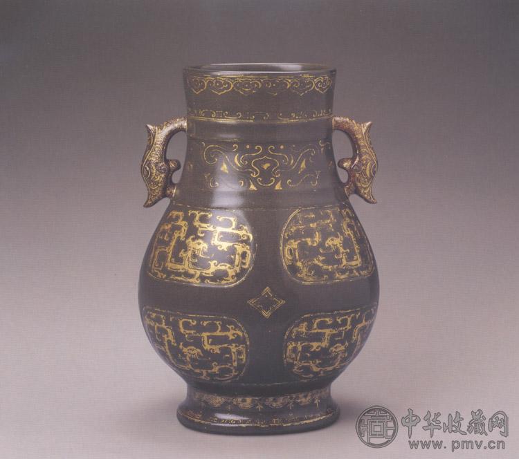 清乾隆 茶叶末釉描金夔龙纹双耳首尊 清乾隆 茶叶末釉描金夔龙纹双耳首尊