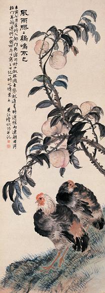 陆恢 壬寅(1902年)作 花果双禽 立轴 设色纸本