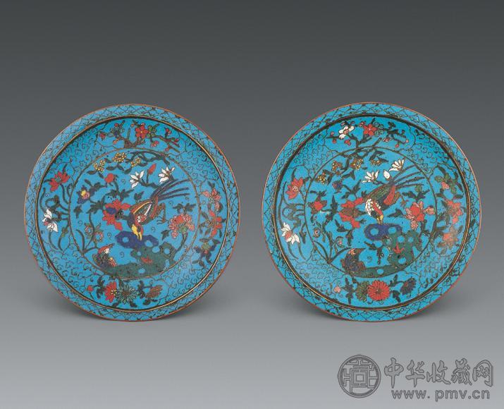 明万历 铜胎掐丝珐琅花鸟盘(1对)