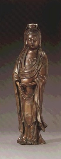 清 铜错银观音立像