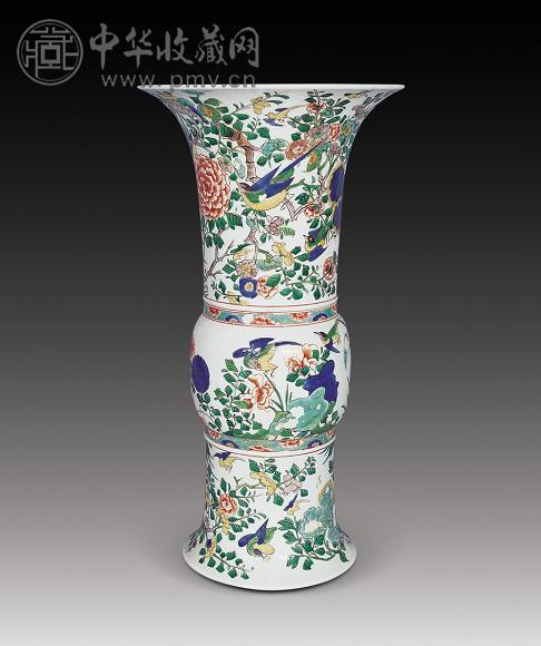 清康熙 五彩花鸟花觚