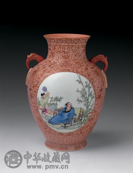 民国 彩花卉开光人物纹双耳尊